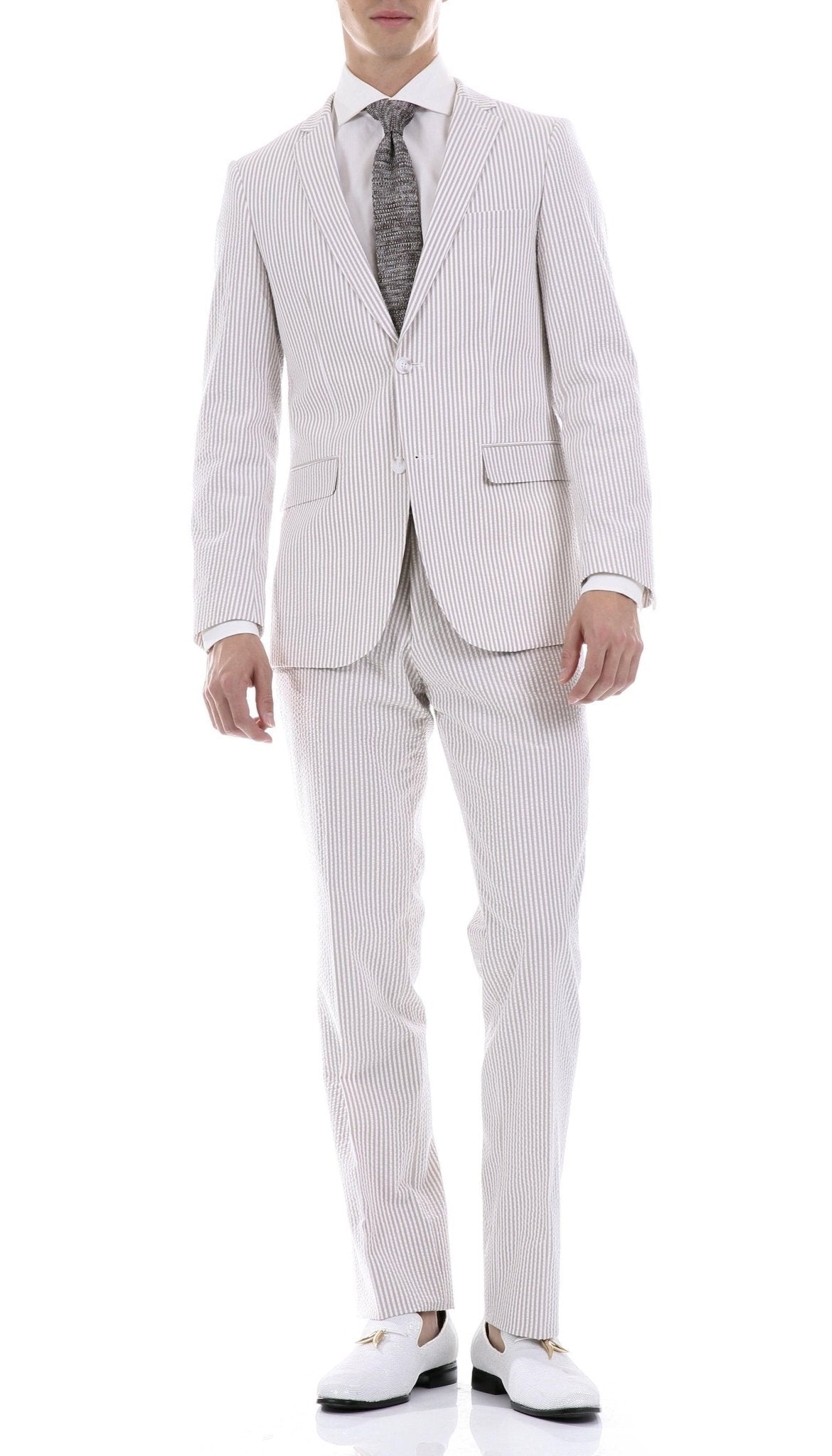 MEN'S 2PC SUMMER SEERSUCKER SLIM FIT SUIT IN TAN PINSTRIPE - Upscale Men's Fashion