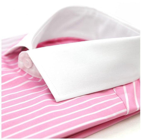 The Pitt Slim Fit Cotton Dress Shirt- Pink with White Collar and White Pin Stripes - Upscale Men's Fashion