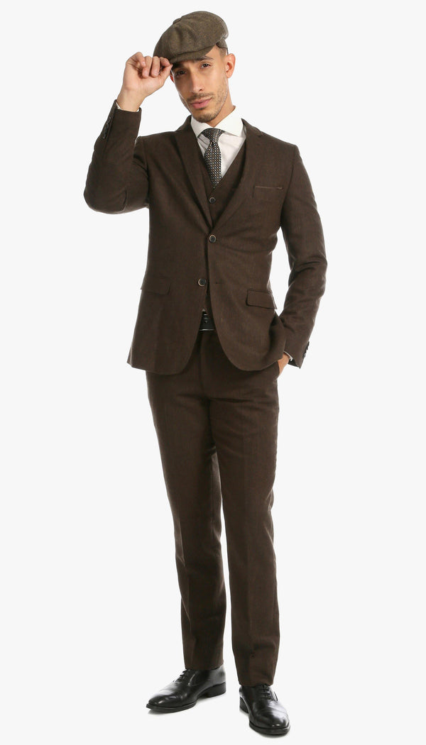 Tweed Men's Slim Fit 3 Piece Suit in Cognac - Upscale Men's Fashion