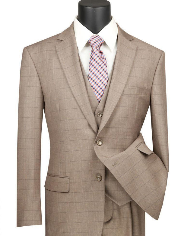 Vinca Collection- Tan Glen Plaid Three Piece Suit Regular Fit - Upscale Men's Fashion
