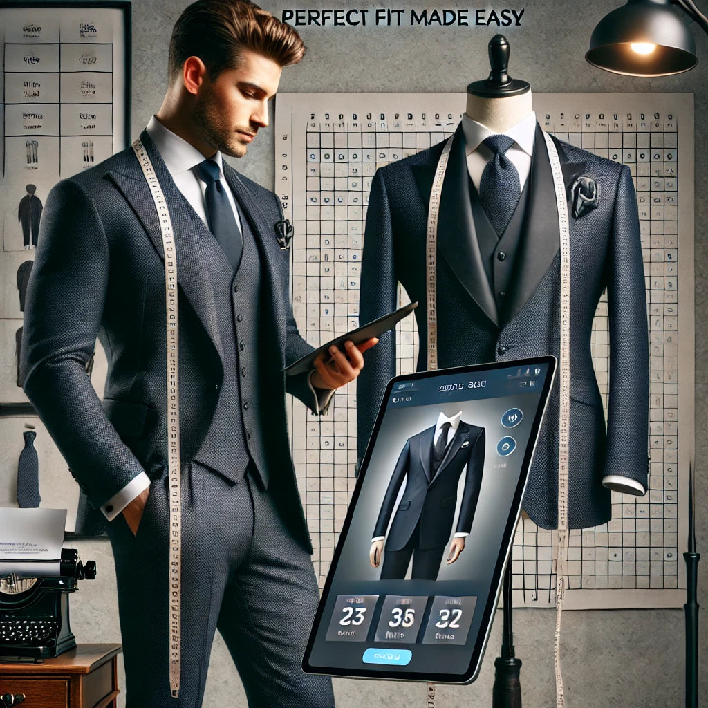 Find your perfect suit size online with tips, tools, and a suit size estimator. Stylish man and mannequin showcasing tailored suits with a measuring tape and size chart.