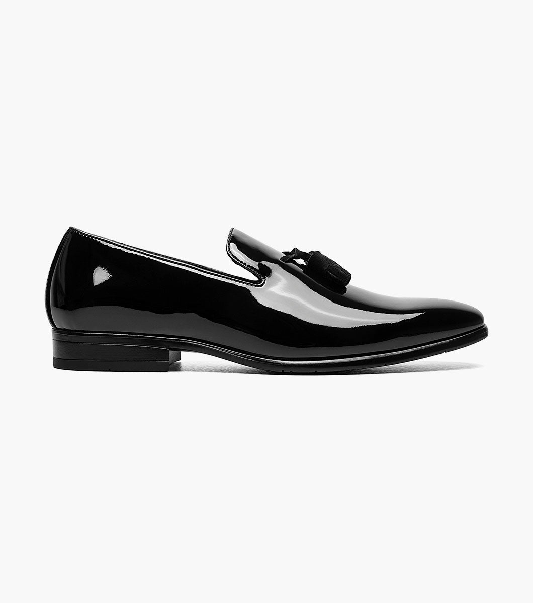 Stacy Adams Phoenix black patent tassel slip-on dress shoe side angle