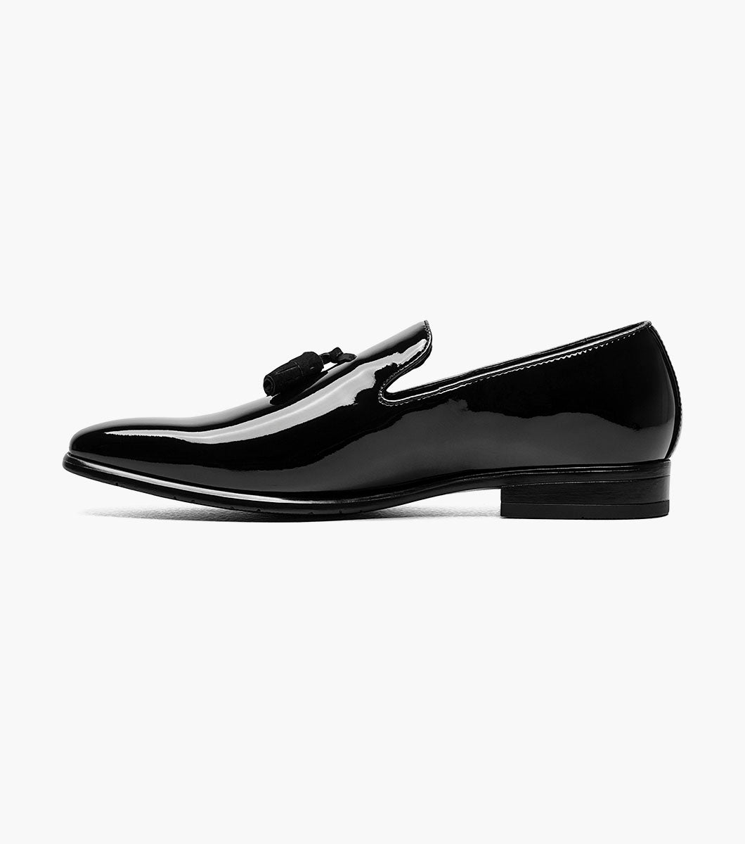 Stacy Adams Phoenix black patent tassel slip-on dress shoe back view