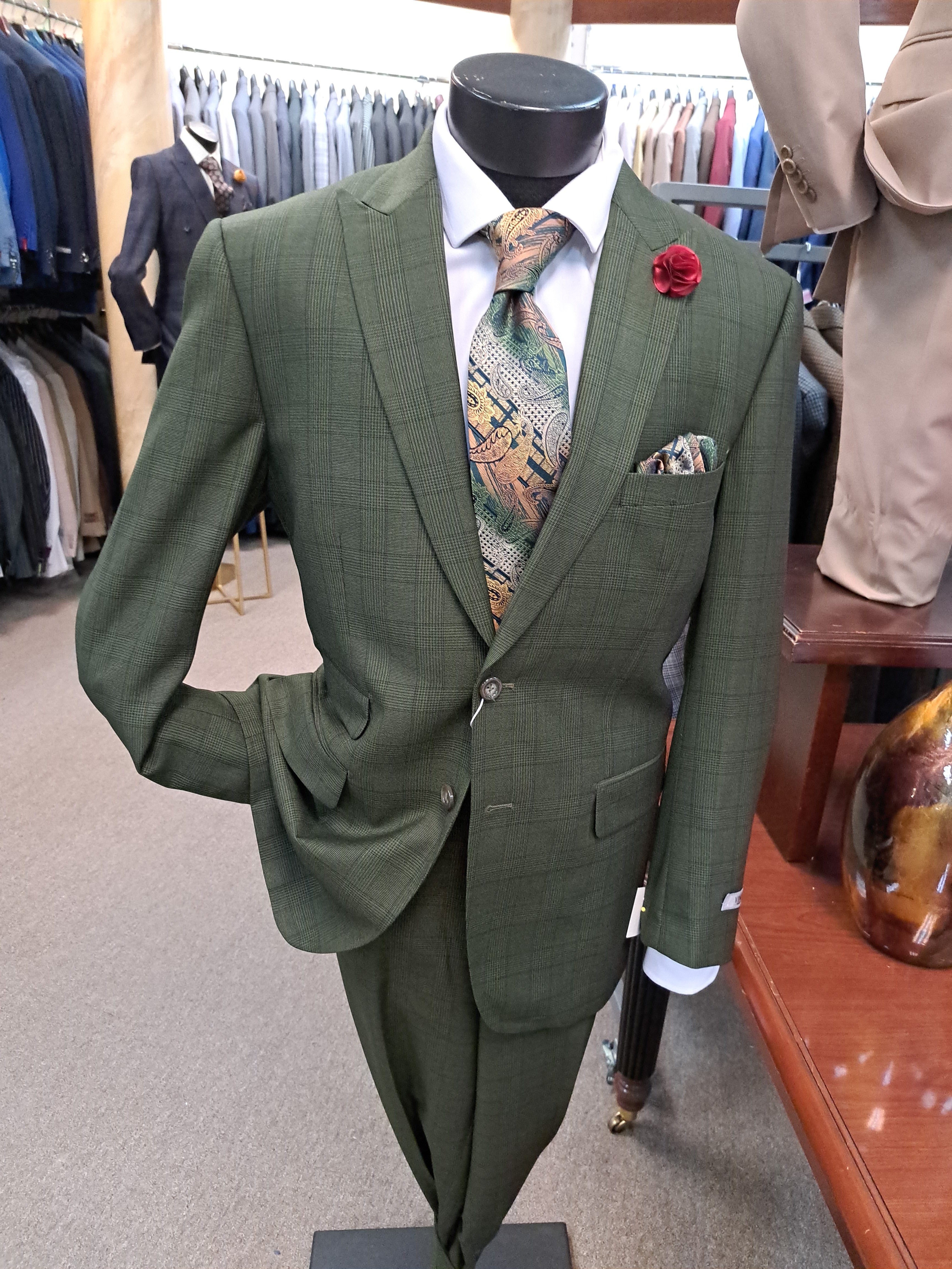 Vinci Green Plaid 2 Piece + Shirt & Tie - Package # 107
