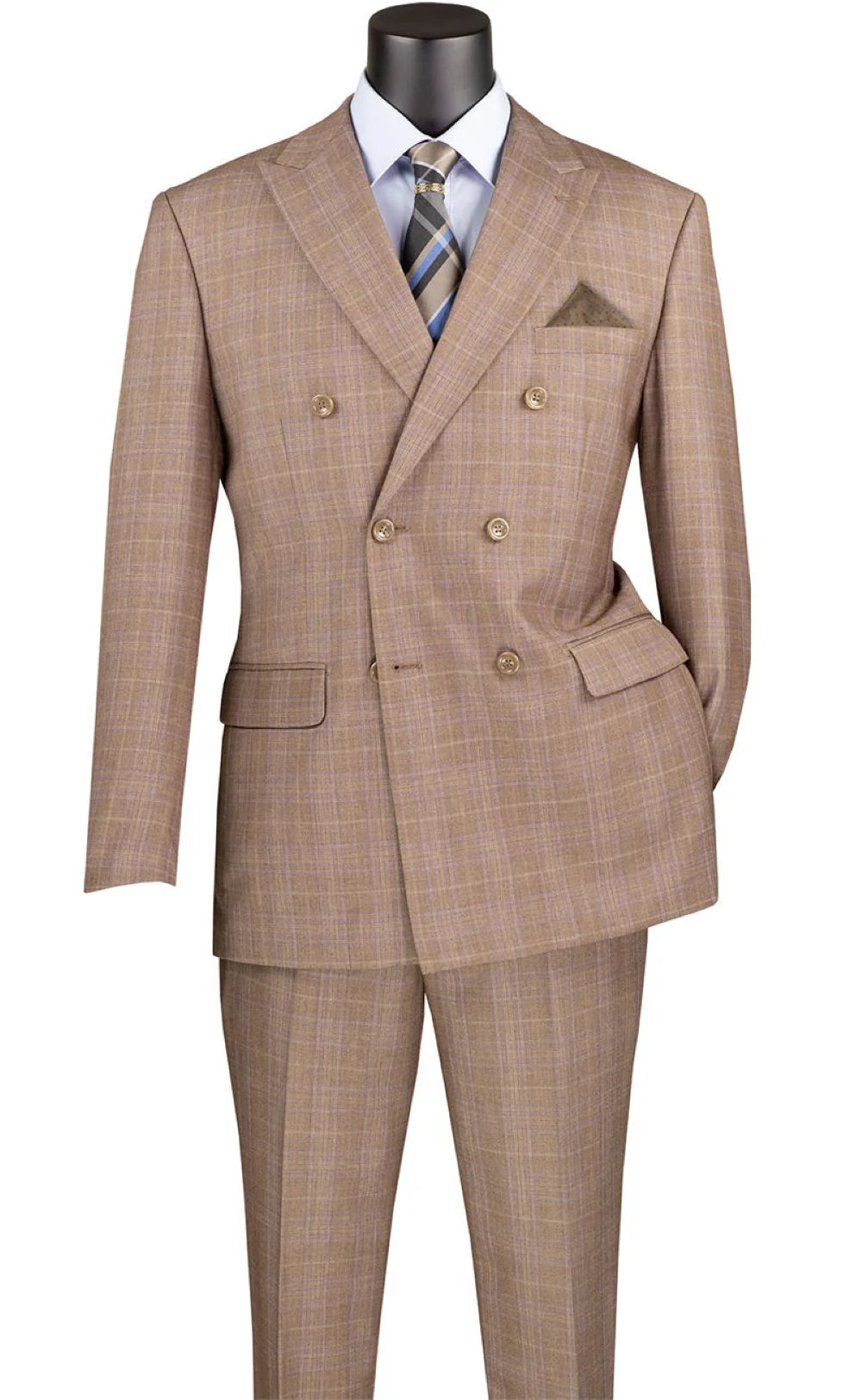Bellagio Collection – Tan Regular Fit Glen Plaid Double-Breasted Suit