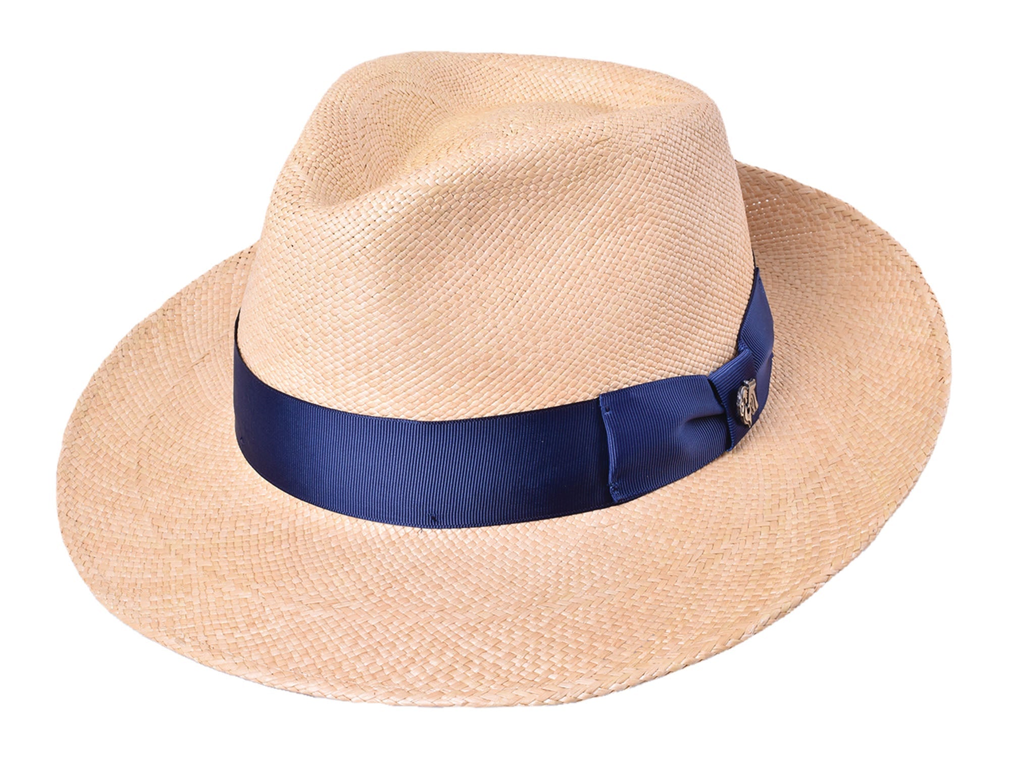 Beige straw hat with a blue band on a white background