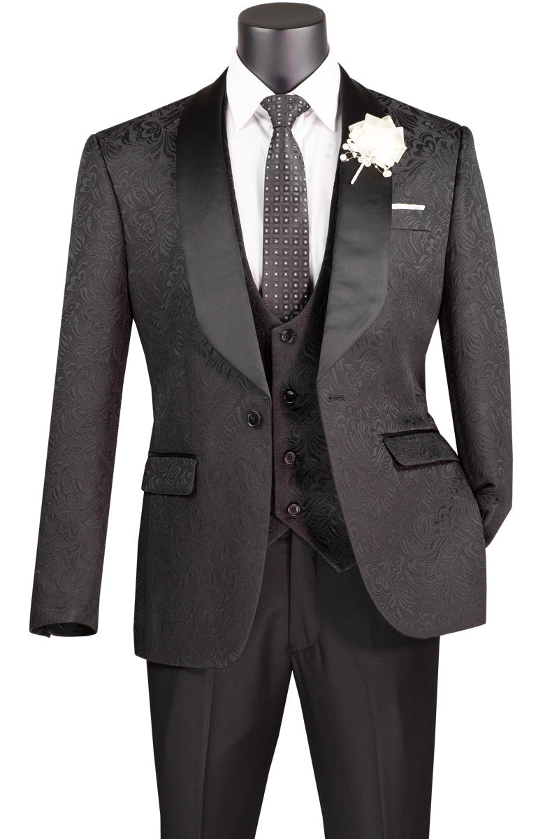 Tuxedo - Black Jaquard Three Piece Slim Fit Tuxedo