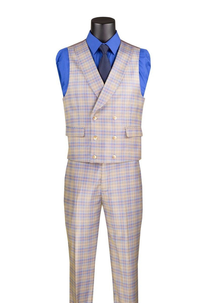 Blue Modern Fit Windowpane 3-Piece Suit -Vest and Pants Look– Montavero Collection