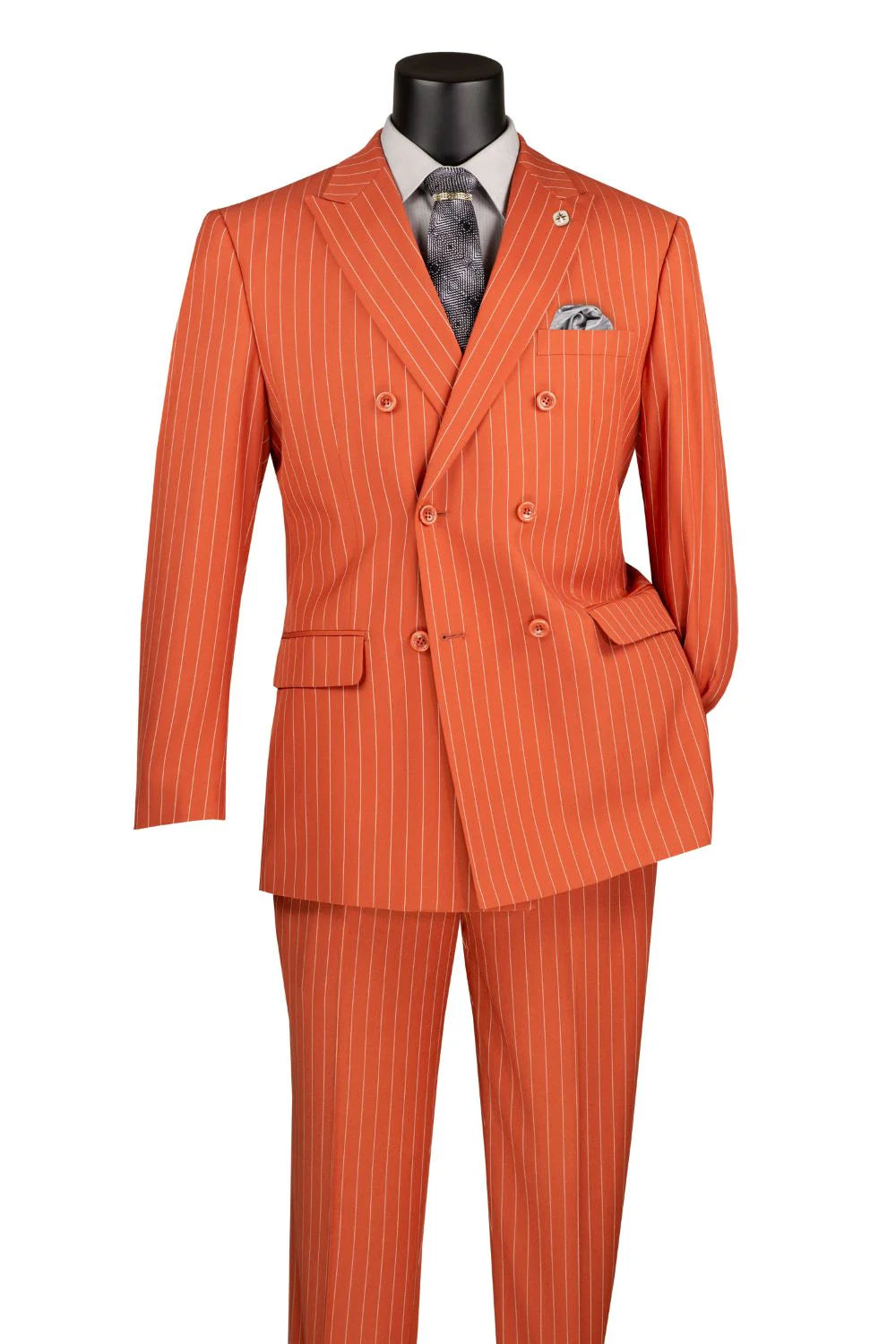 Canyon Clay Pinstripe Regular Fit Double-Breasted Wool-Feel Poly Rayon Suit – Banker Collection – Upscale Men’s Fashion