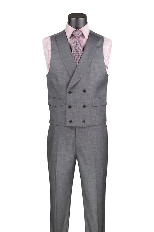 Charcoal modern fit 3-piece suit shown with lapel vest and pants, no jacket