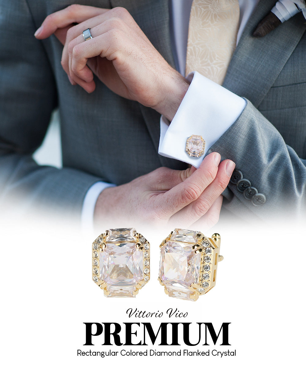 Vittorio Vico – Rectangular Diamond-Flanked Crystal Cufflinks