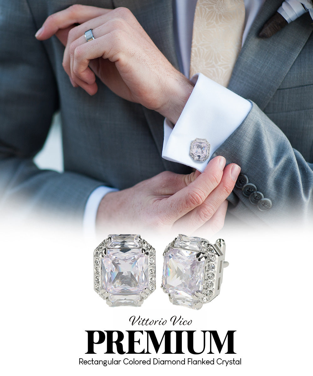 Vittorio Vico – Rectangular Diamond-Flanked Crystal Cufflinks