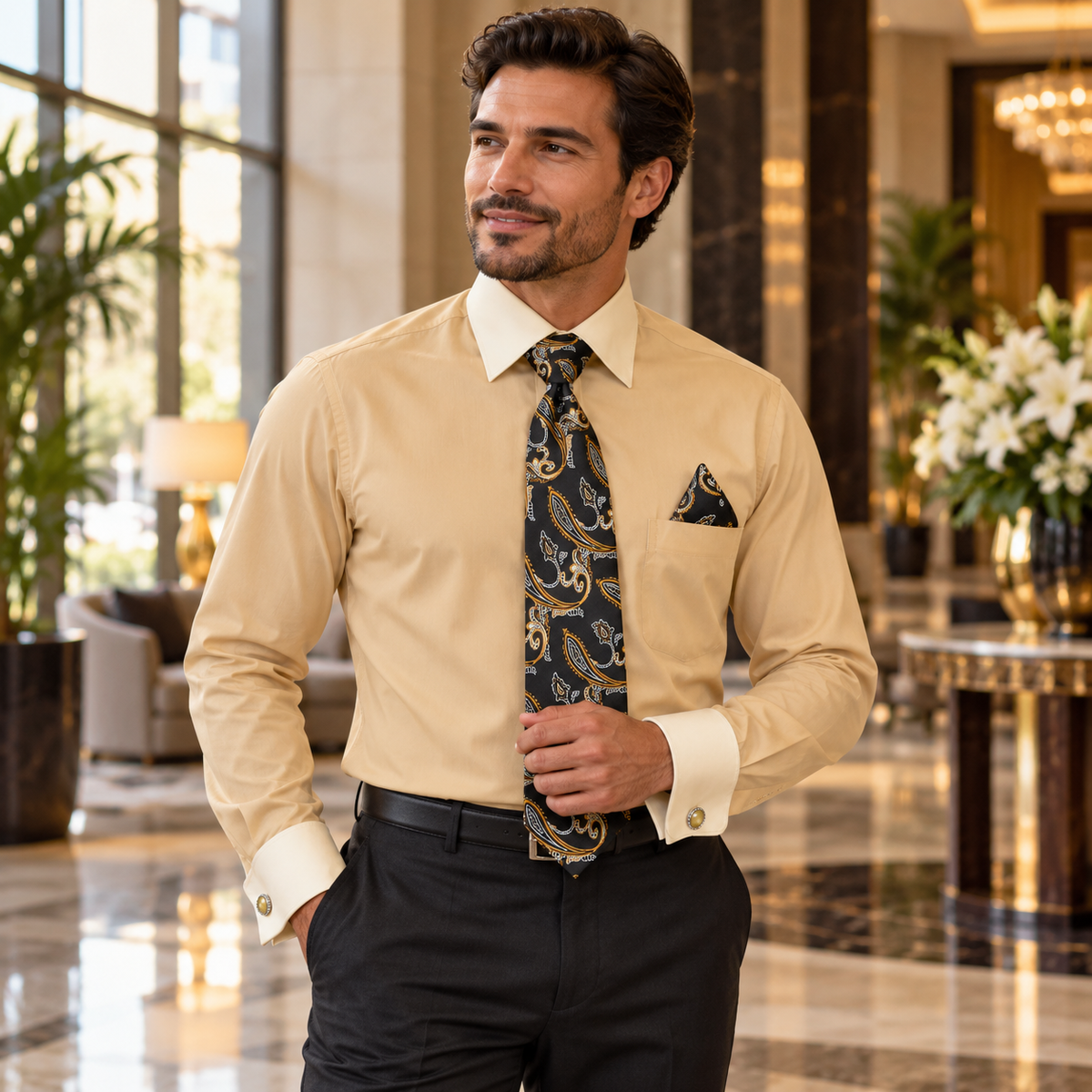 Man wearing the beige Daniel Ellissa DS3829P2 two-tone French cuff dress shirt set