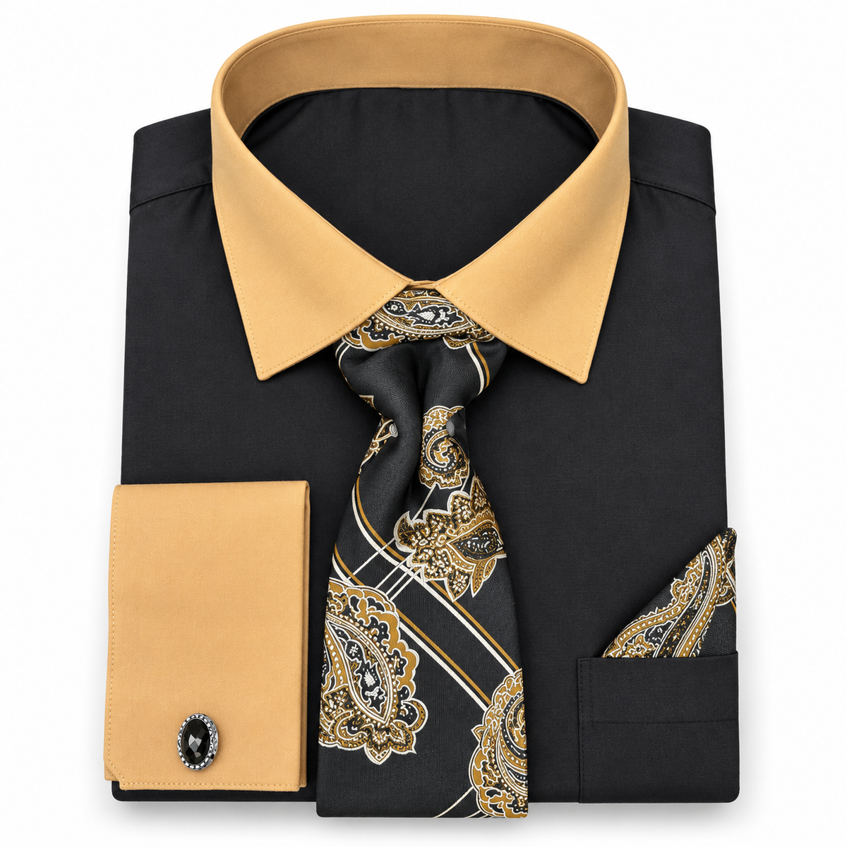 Daniel Ellissa DS3829P2 black and taupe two-tone French cuff dress shirt set on white background