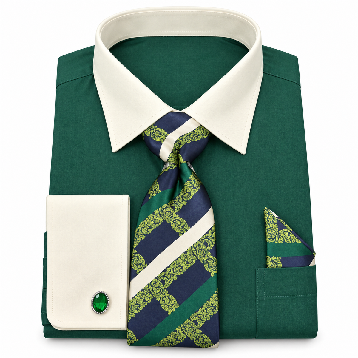 Daniel Ellissa DS3829P2 hunter green two-tone French cuff dress shirt set on white background