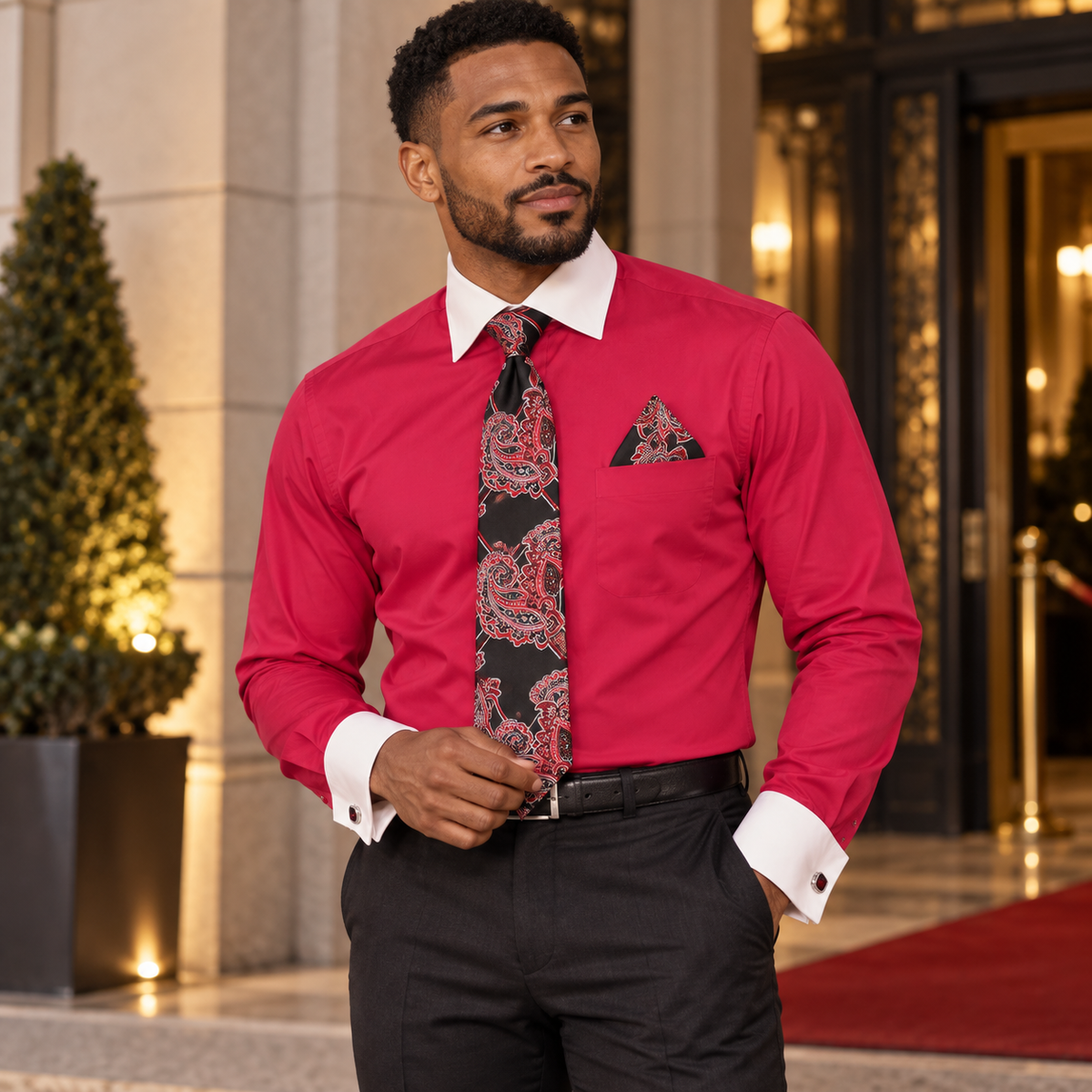 Man wearing the magenta Daniel Ellissa DS3829P2 two-tone French cuff dress shirt set