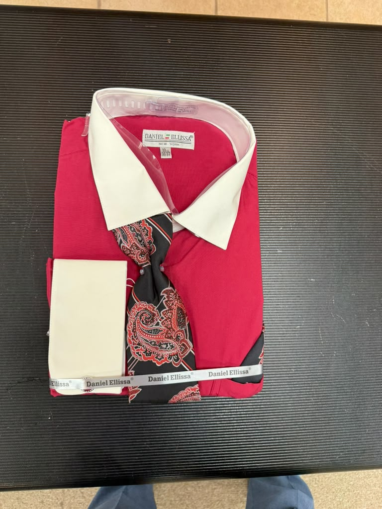 Daniel Ellissa DS3829P2 magenta two-tone French cuff dress shirt set