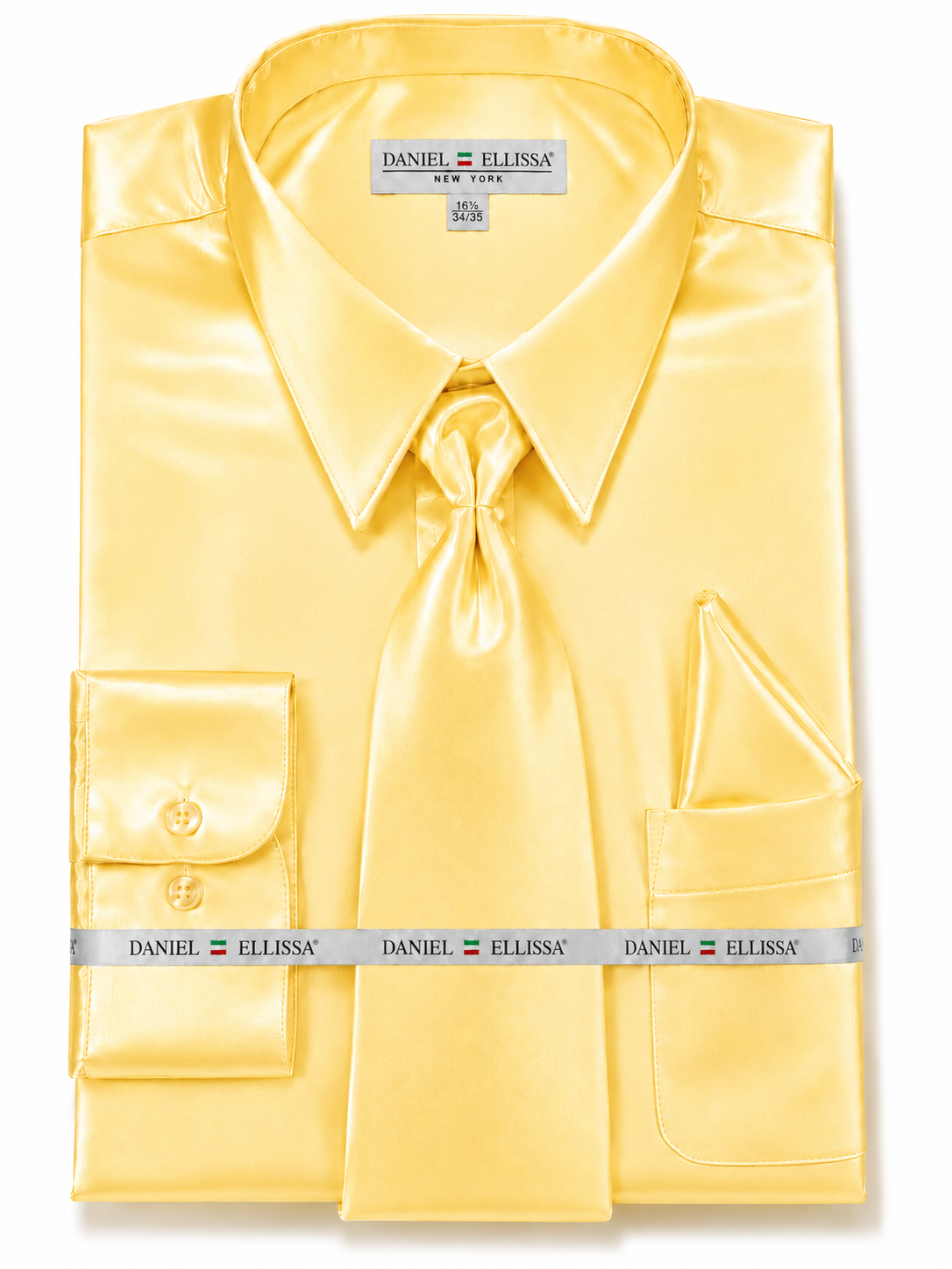 Gold Satin Dress Shirt Set with Matching Tie & Pocket Square