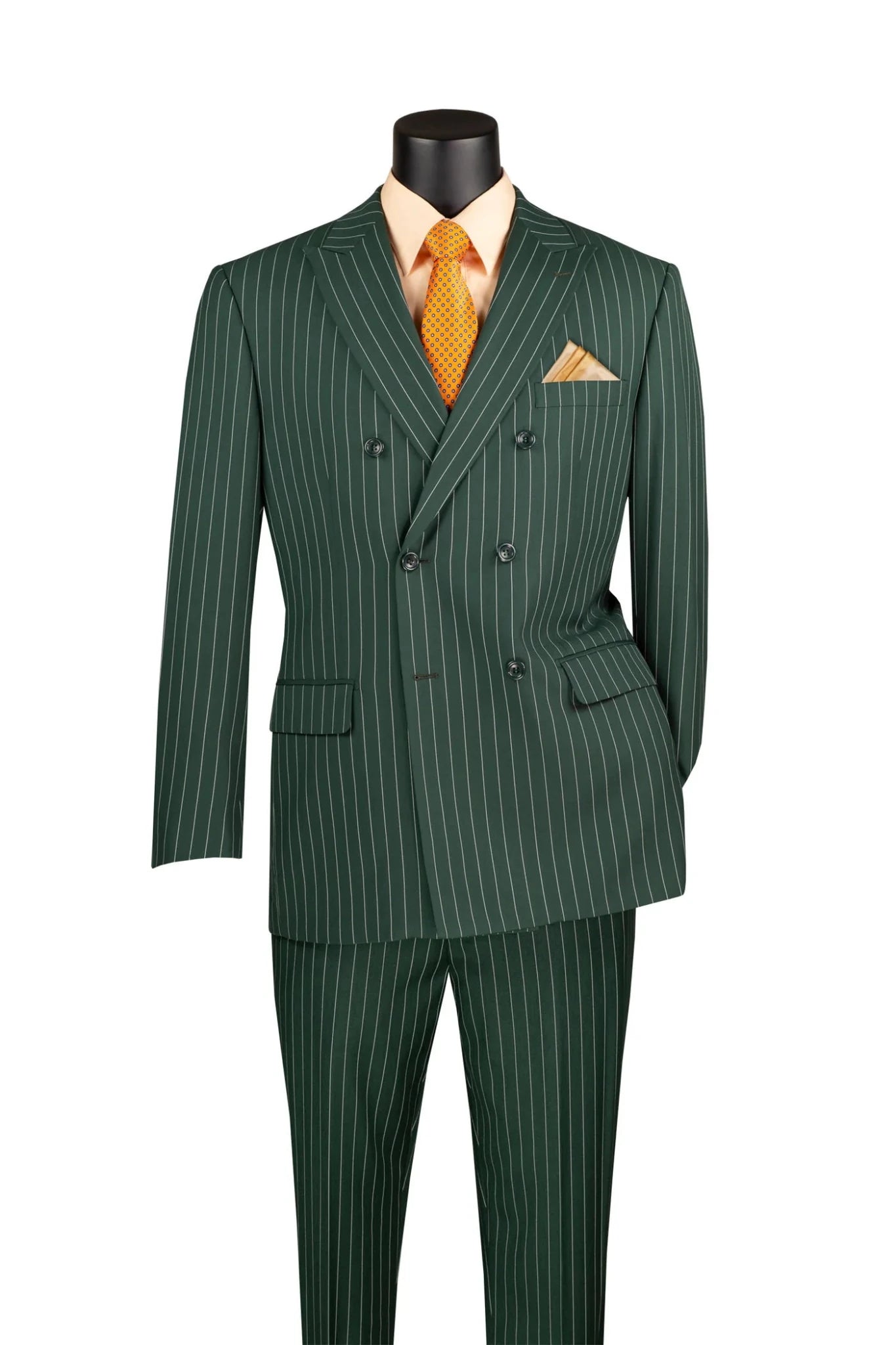 Hunter Green Pinstripe Regular Fit Double-Breasted Suit – Banker Collection - Upscale Men's Fashion