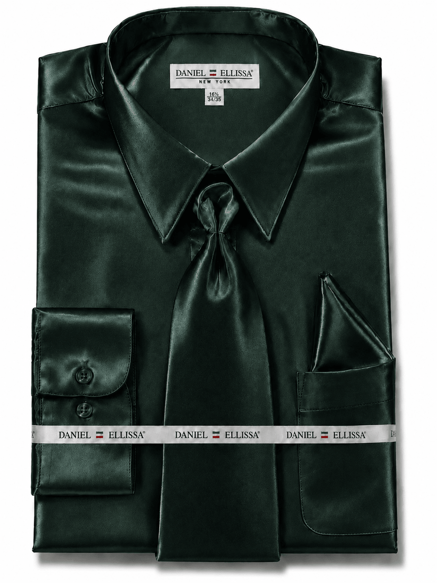 Hunter Green Satin Dress Shirt Set with Matching Tie & Pocket Square, 18–18.5 Neck – 36/37 Sleeve