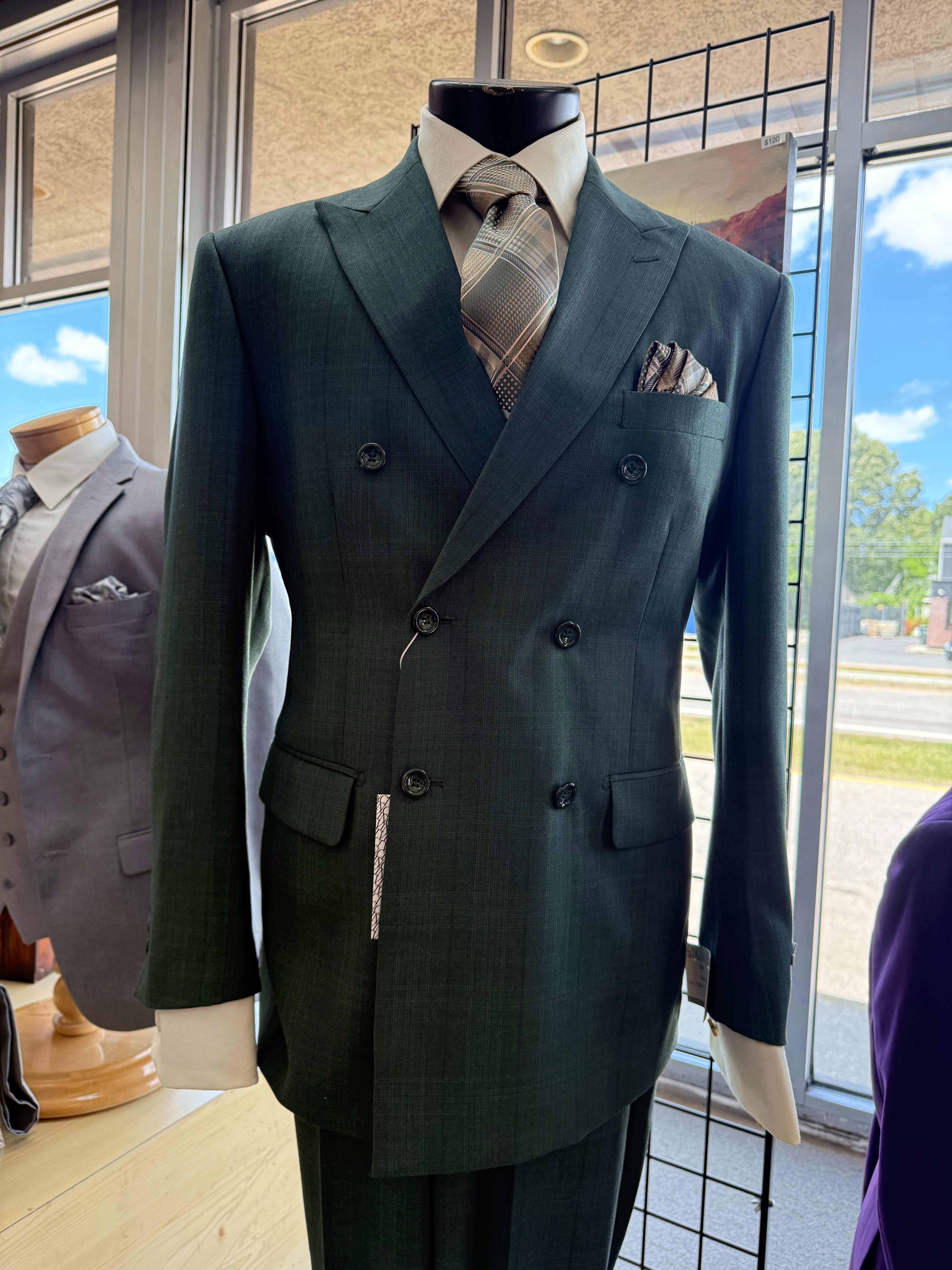 Vinci Olive Plaid Double Breasted + Shirt & Tie- Package # 104