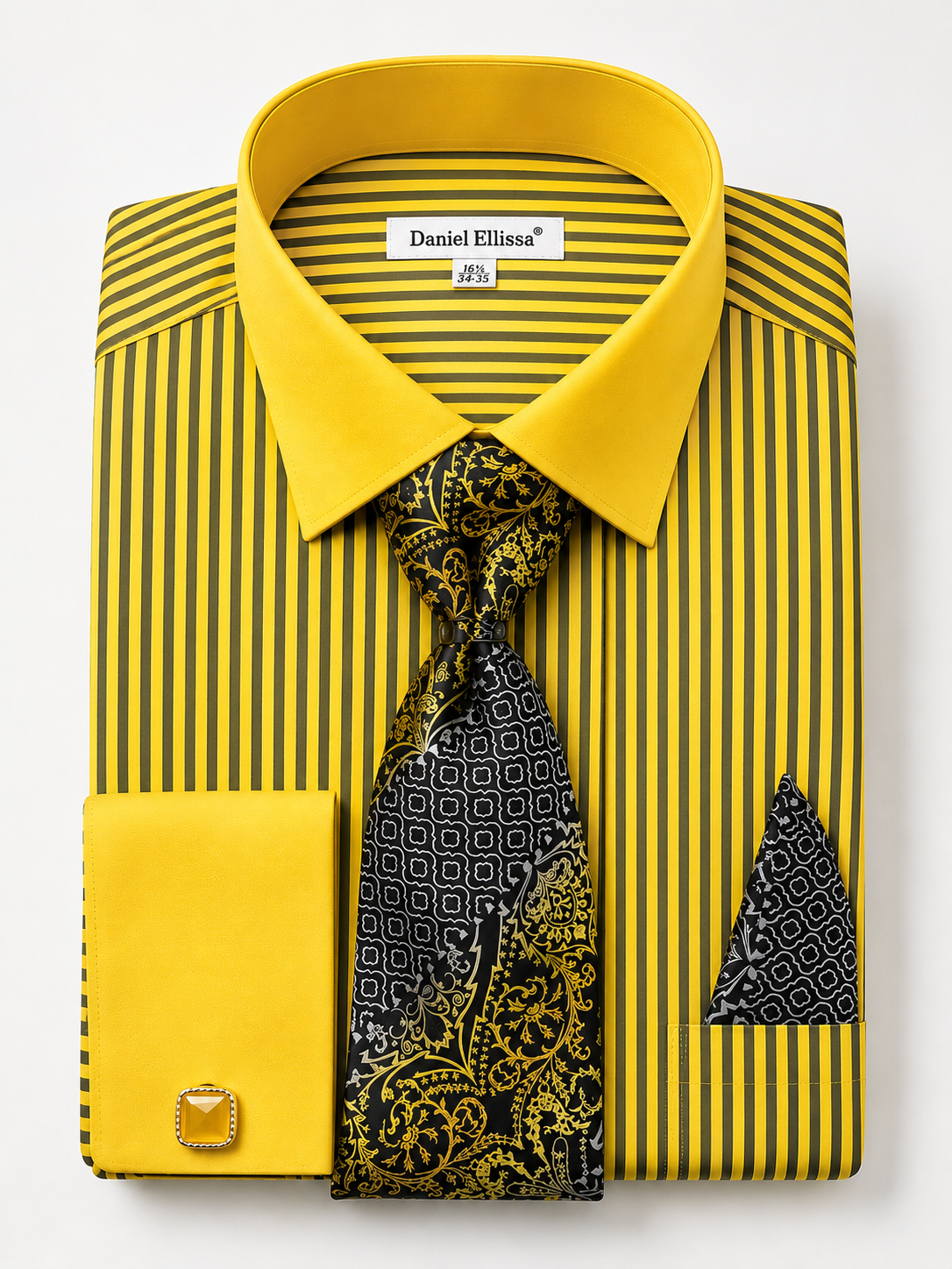 Mustard Black Bold Stripe Dress Shirt Set with Tie, Pocket Square & Cuff Links