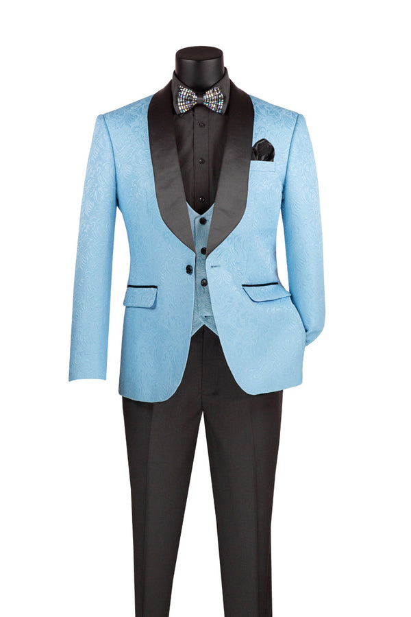 Tuxedo - Light Blue Jaquard Three Piece Slim Fit Tuxedo