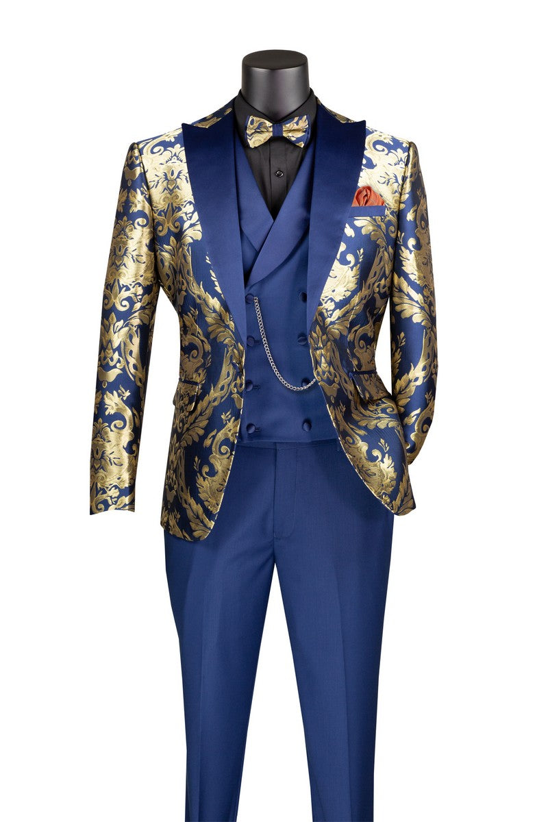 Modern Fit Blue and Gold Jacquard 3-Piece Suit with Bow Tie-Aurelius Collection