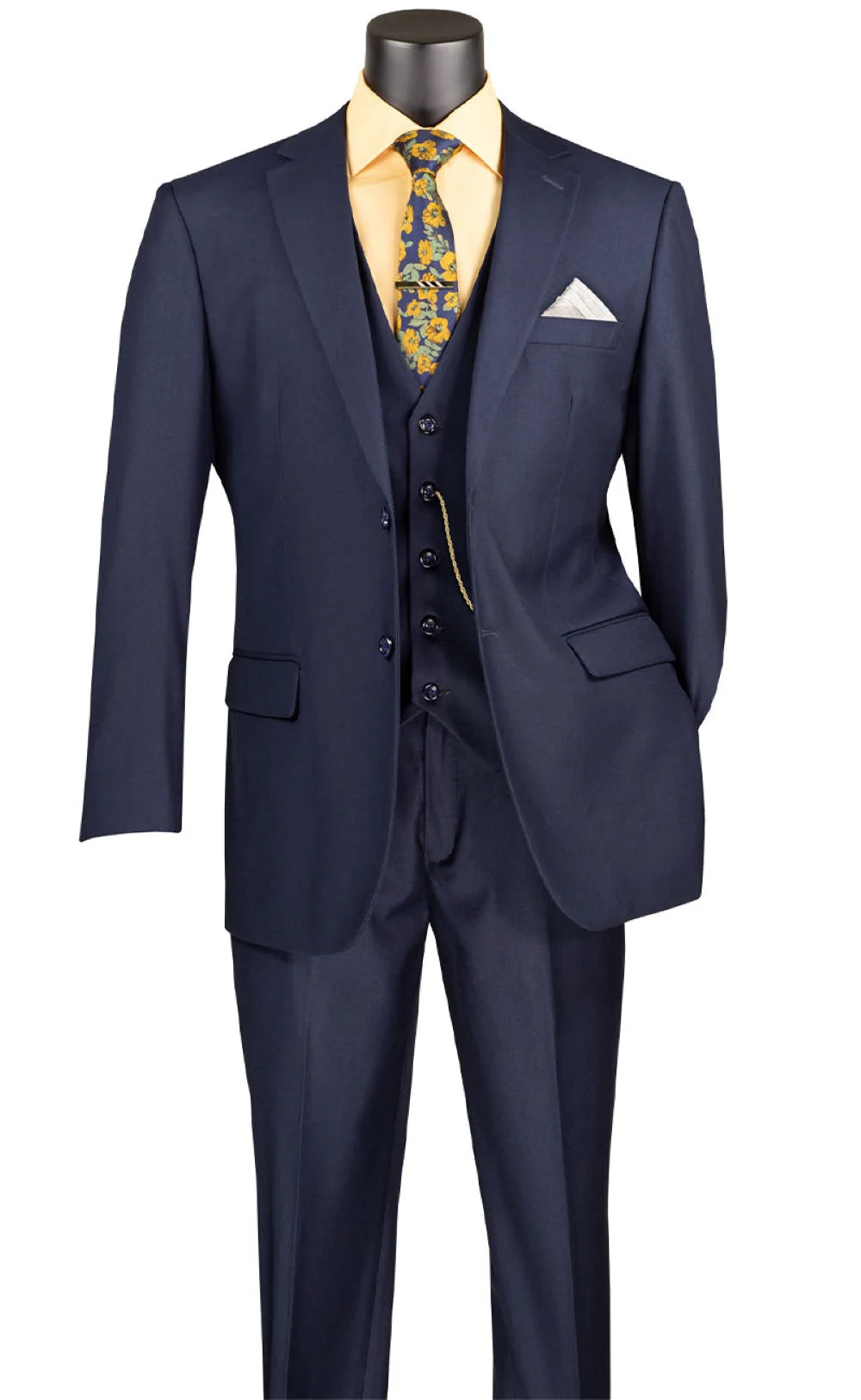 Torino Collection – Men’s Regular Fit Three-Piece Suit with Vest in Solid Navy