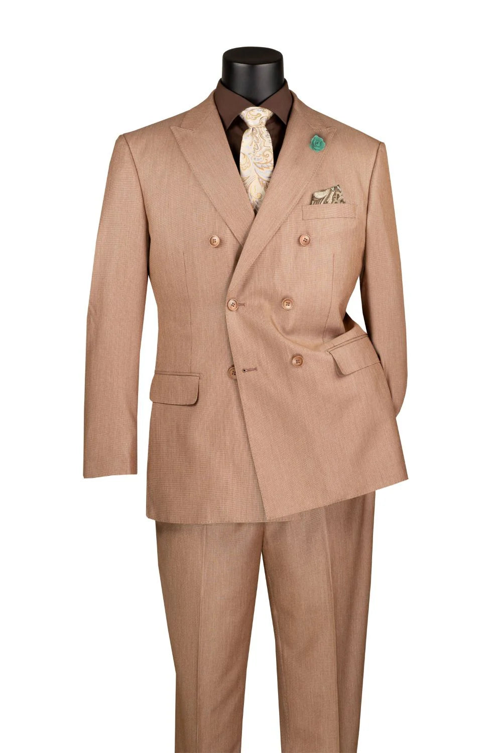 Mocha Regular Fit Double-Breasted Sharkskin Suit with Peak Lapel – Upscale Men’s Fashion