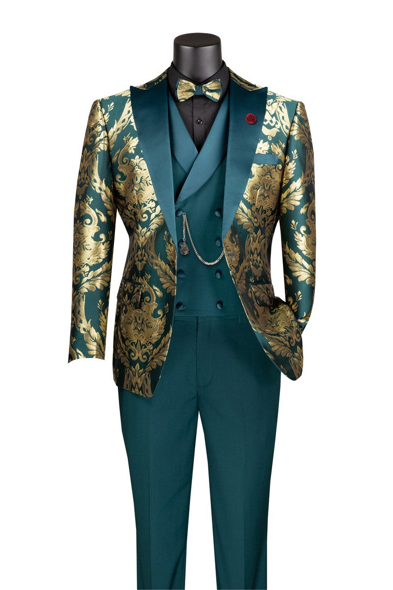 Modern Fit Emerald and Gold Jacquard 3-Piece Suit with Bow Tie-Aurelius Collection