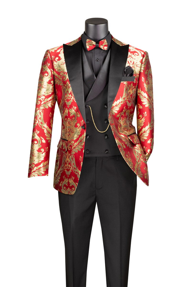Modern Fit Red and Gold Jacquard 3-Piece Suit with Bow Tie-Aurelius Collection
