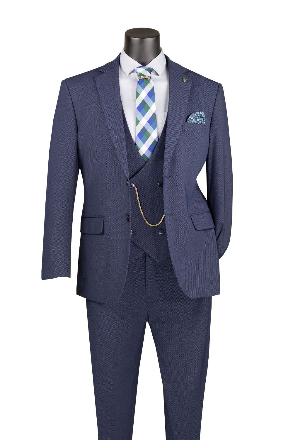 Navy Modern Fit 3-Piece Bird’s-Eye Weave Stretch Suit – Livorno Collection