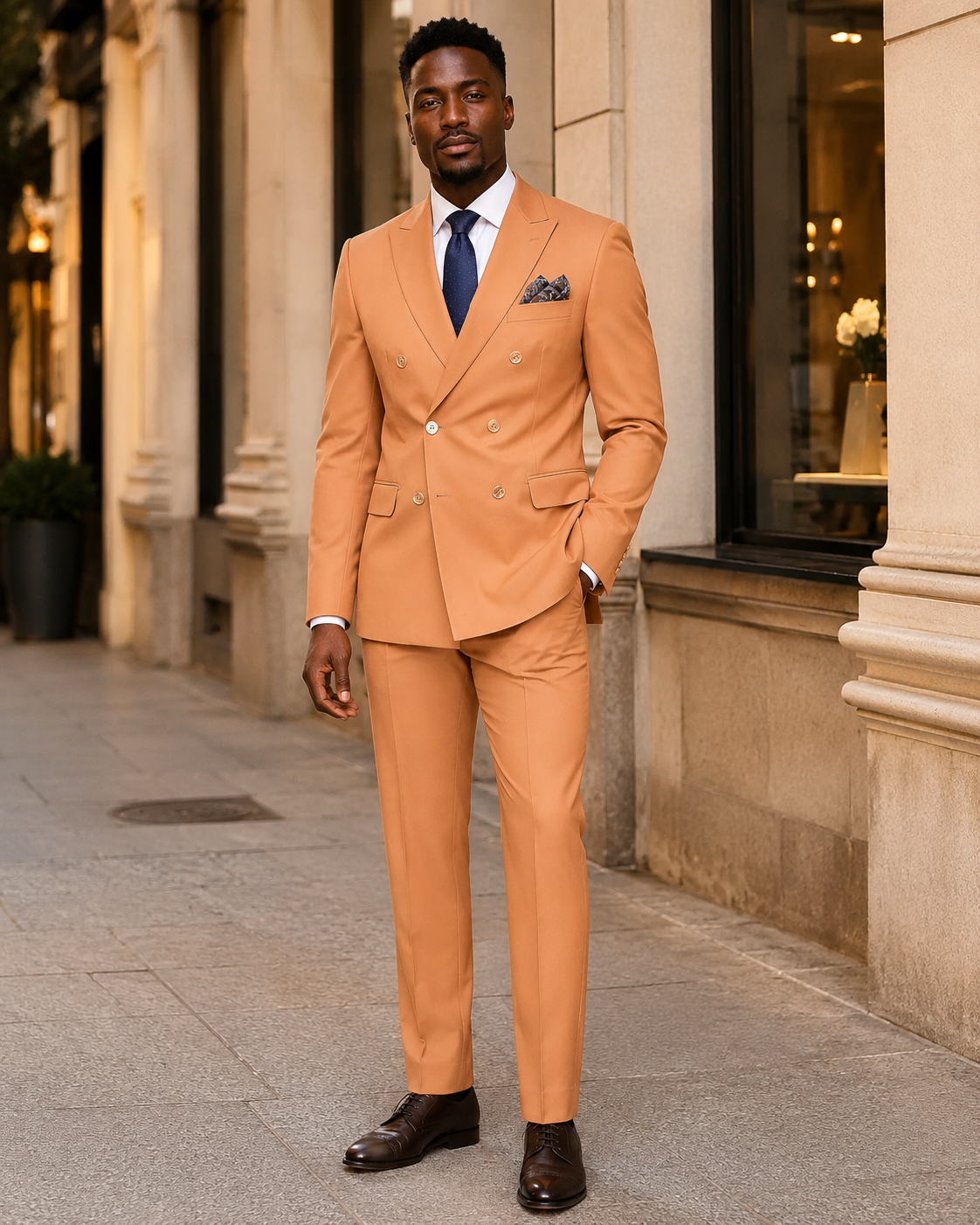 Peach suit for quinceañera guest