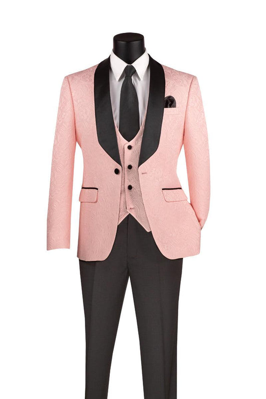 Pink Slim Fit Jacquard 3-Piece Tuxedo with Shawl Lapel – Rivoli Collection