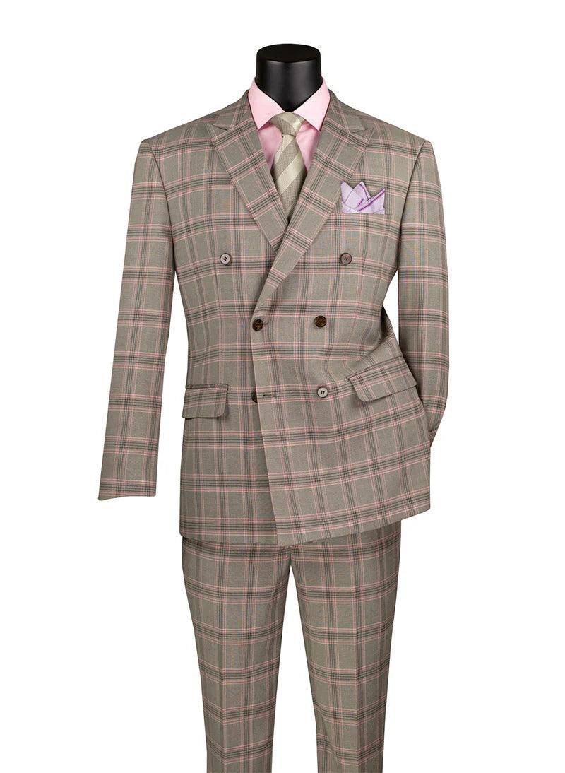 Portofino Collection – Light Taupe Modern Fit Double-Breasted Windowpane Suit