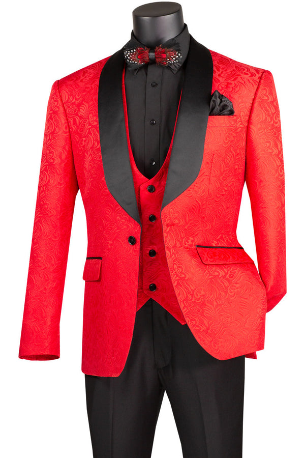 Tuxedo - Red Jaquard Three Piece Slim Fit Tuxedo