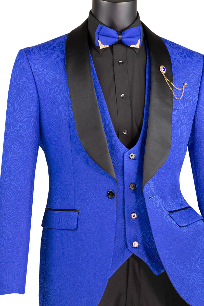Tuxedo - Royal Blue Jaquard Three Piece Slim Fit Tuxedo