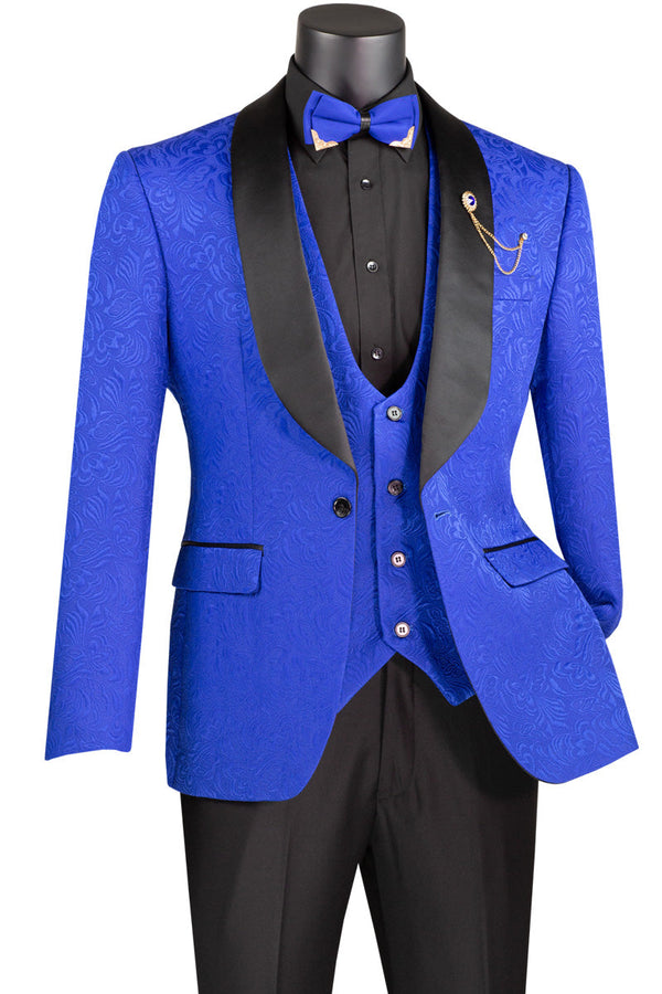 Tuxedo - Royal Blue Jaquard Three Piece Slim Fit Tuxedo