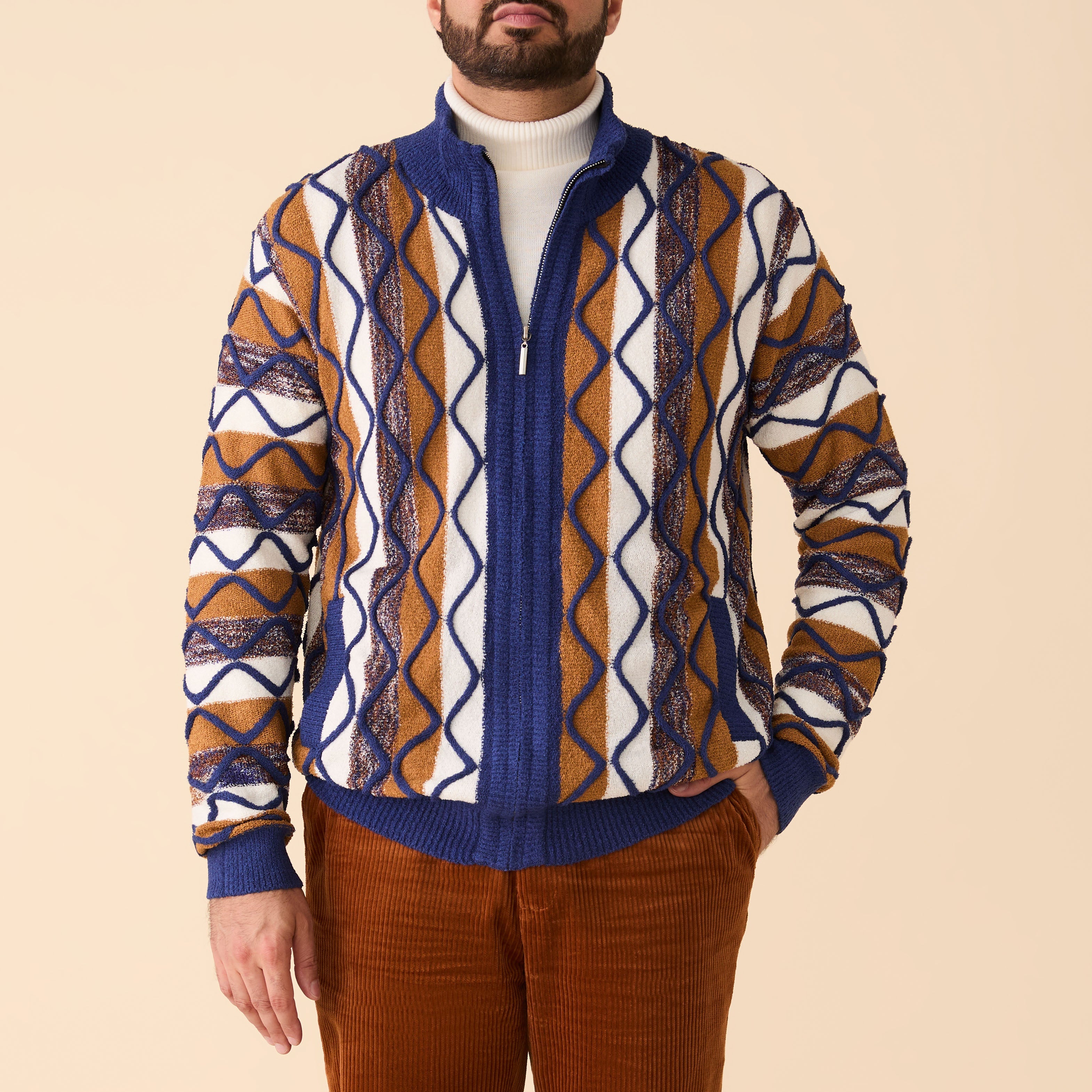 Royal and Brown Boucle Yarn Graphic Full Zip