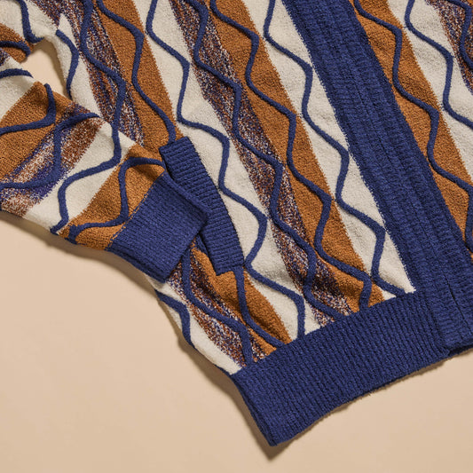 Royal and Brown Boucle Yarn Graphic Full Zip