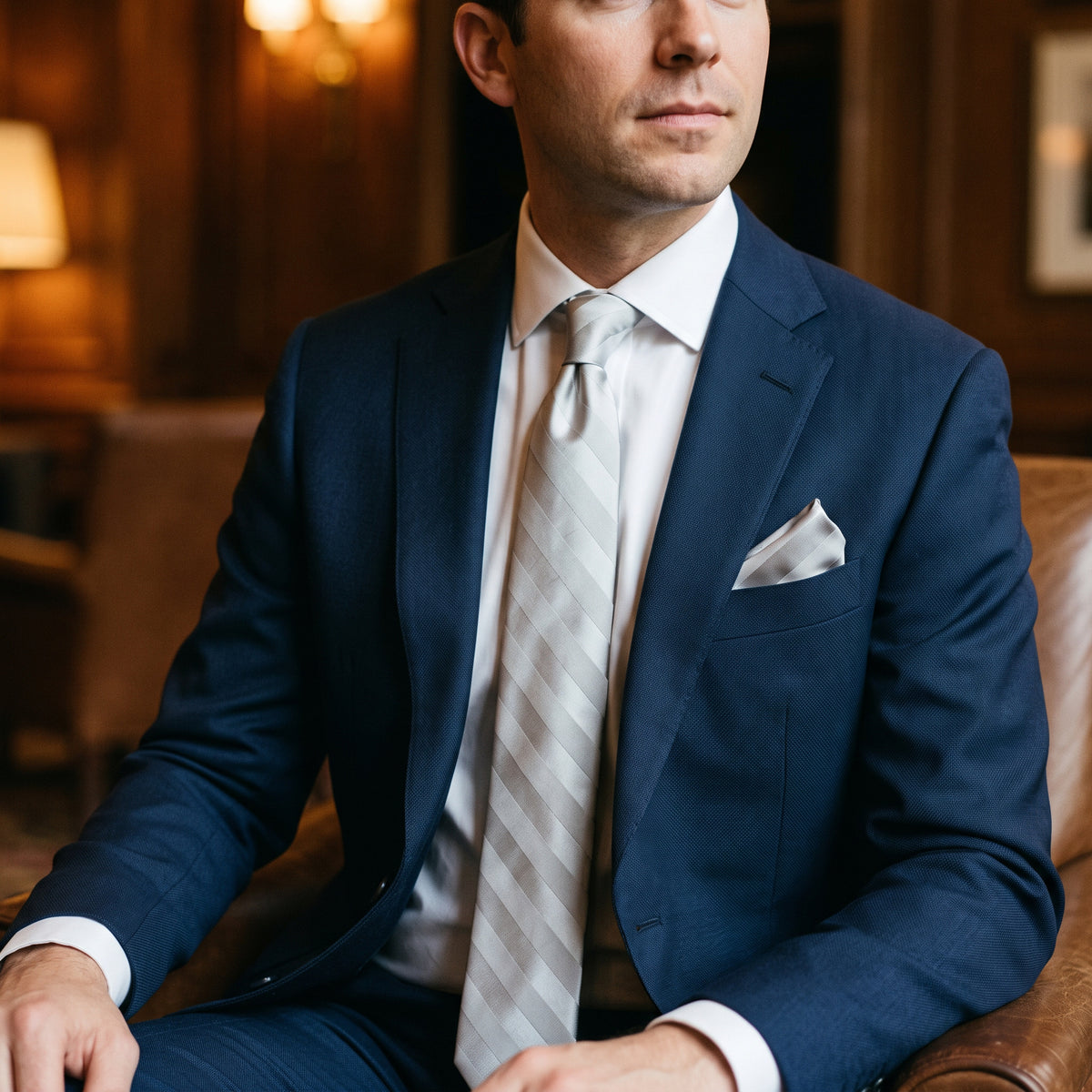 Stacy Adams Liam silver tonal stripe tie and pocket square set – indoor styling