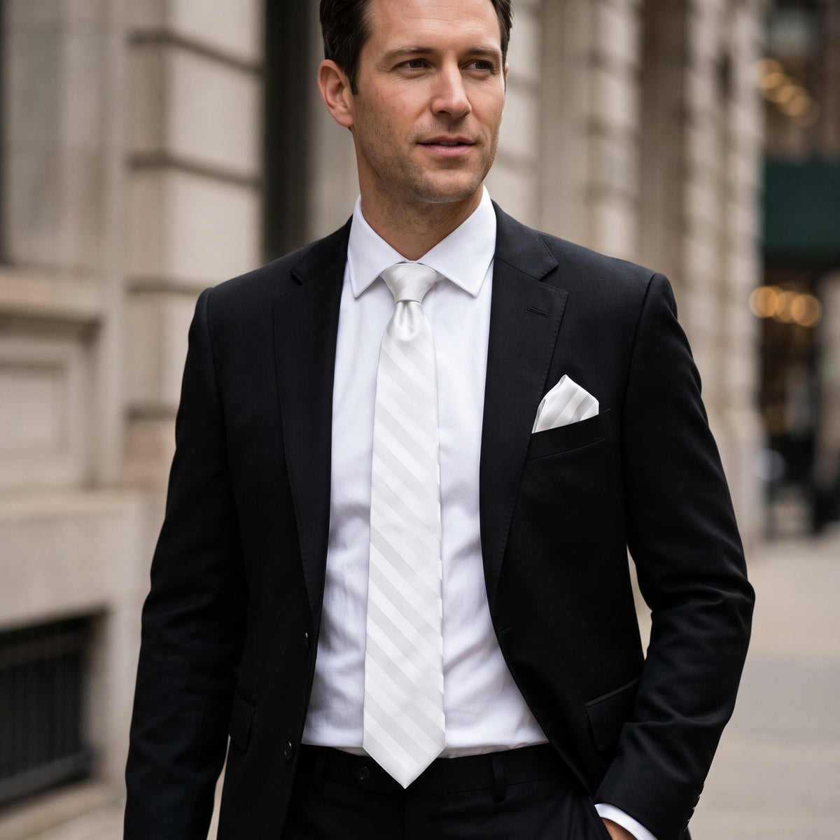 Stacy Adams Liam white tonal stripe tie and pocket square set – outdoor styling