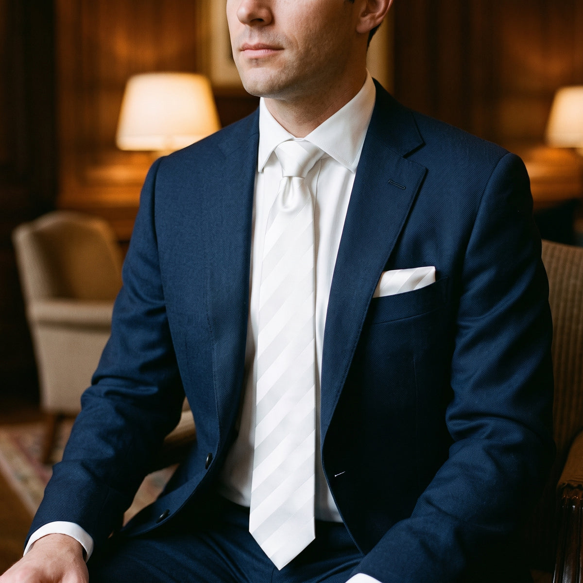 Stacy Adams Liam white tonal stripe tie and pocket square set – indoor styling