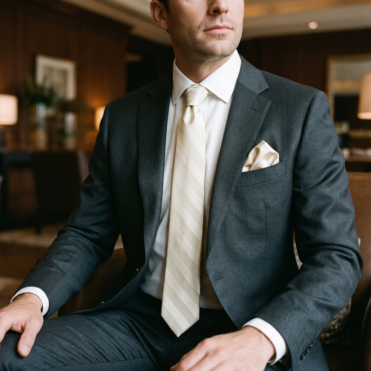 Stacy Adams Liam ivory tonal stripe tie and pocket square set – indoor styling