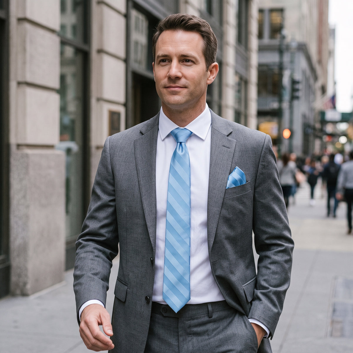 Stacy Adams Liam light blue tonal stripe tie and pocket square set – outdoor styling
