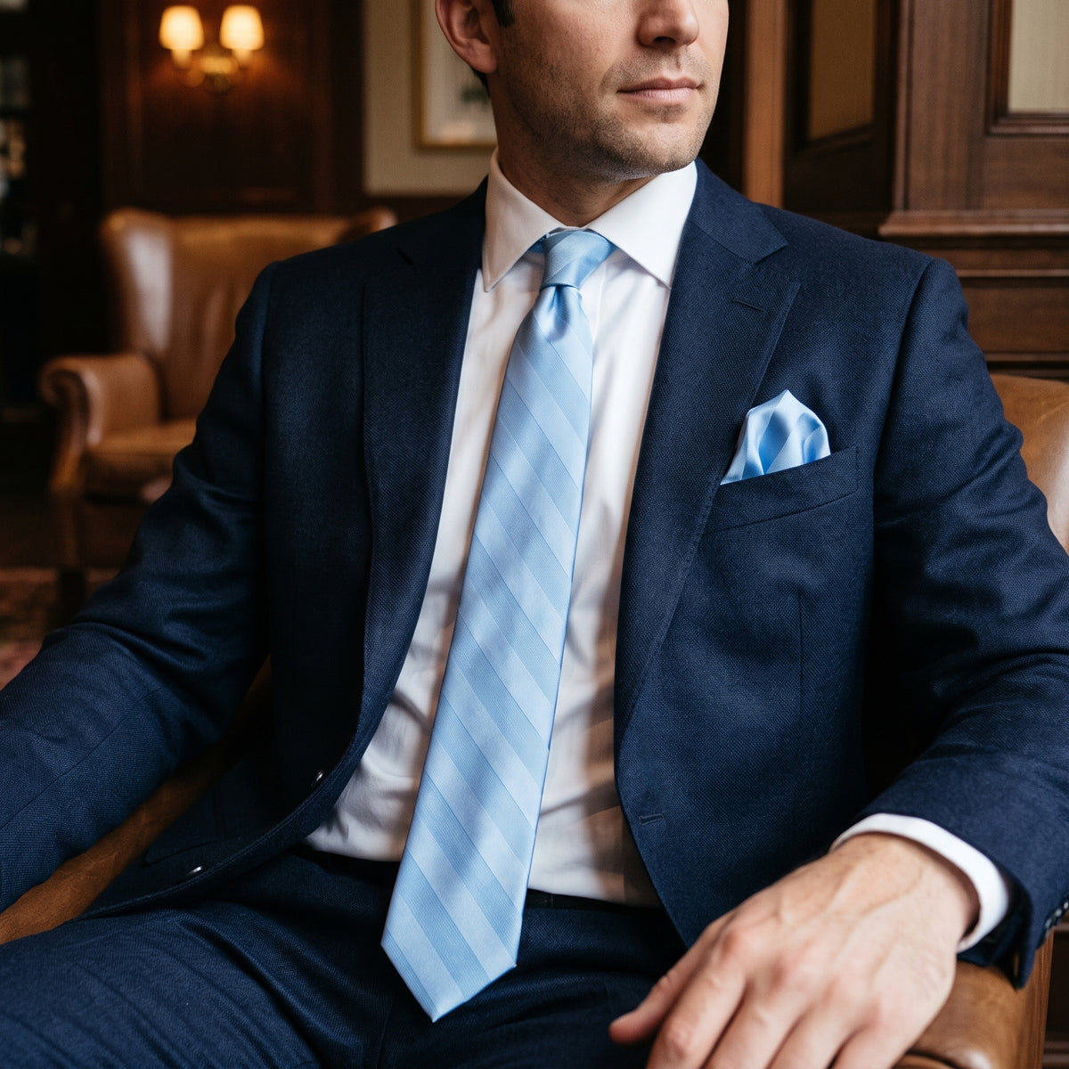 Stacy Adams Liam light blue tonal stripe tie and pocket square set – indoor styling