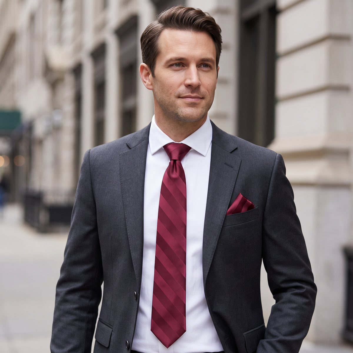 Stacy Adams Liam burgundy tonal stripe tie and pocket square set – outdoor styling
