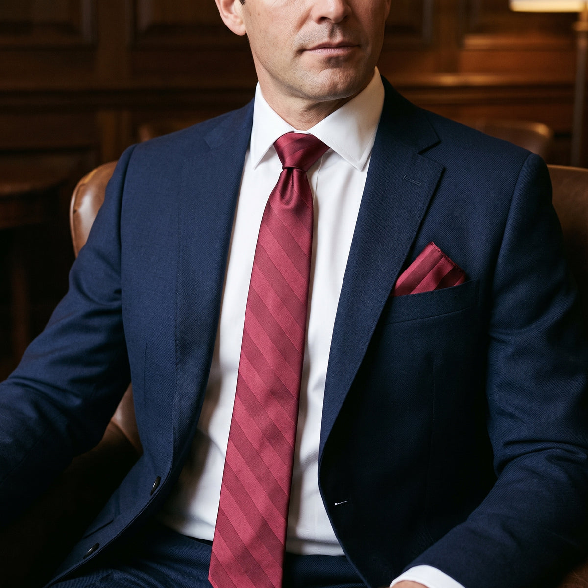 Stacy Adams Liam burgundy tonal stripe tie and pocket square set – indoor styling