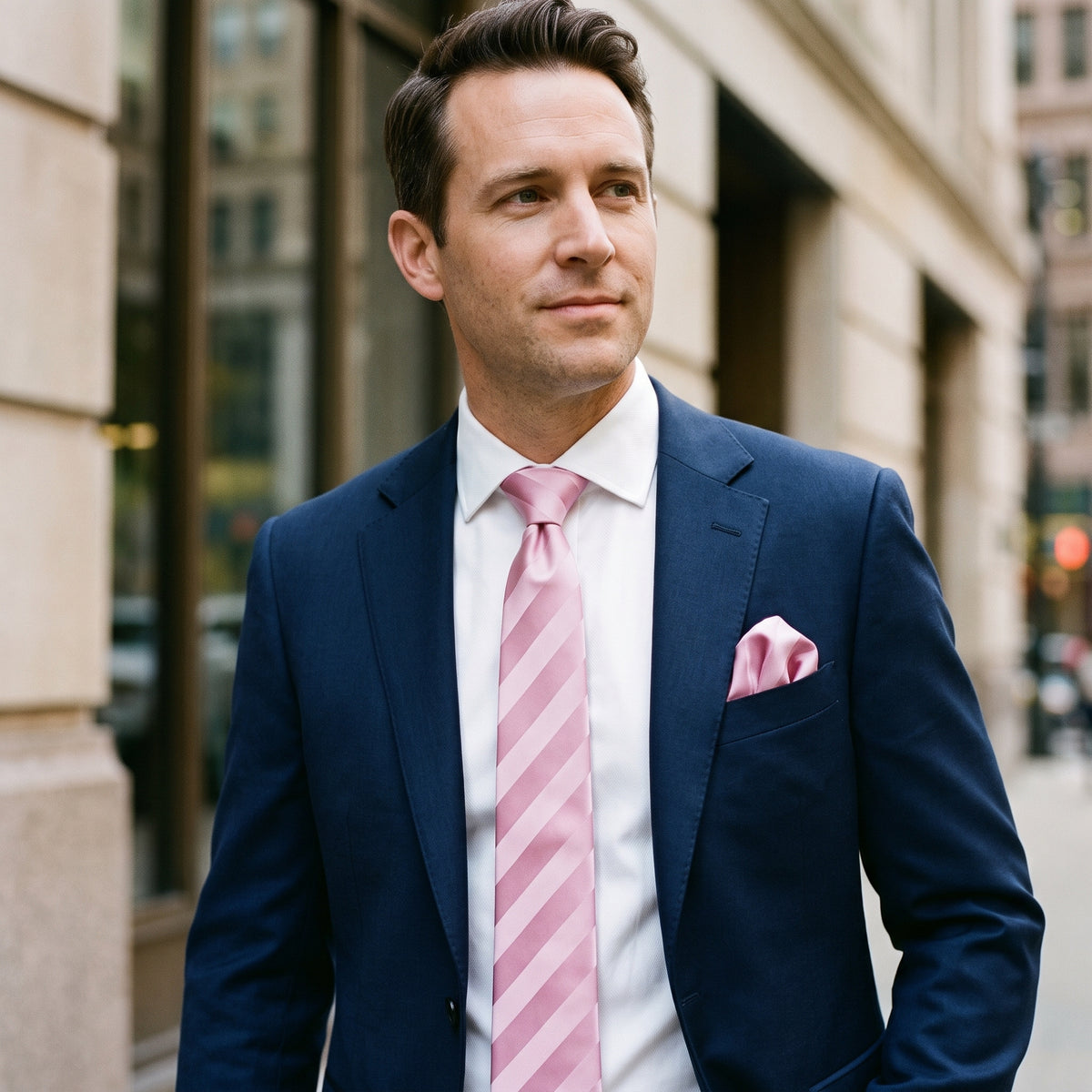 Stacy Adams Liam pink tonal stripe tie and pocket square set – outdoor styling